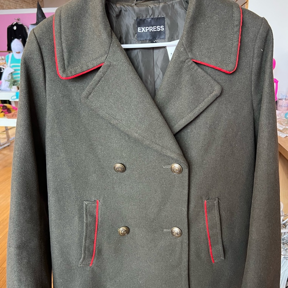 Express Women's Olive Green Pea Coat with Red Accents